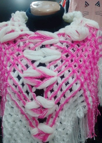 Renkli Pembe Beyaz Örgü Bohem çocuk Şal - Görsel 5