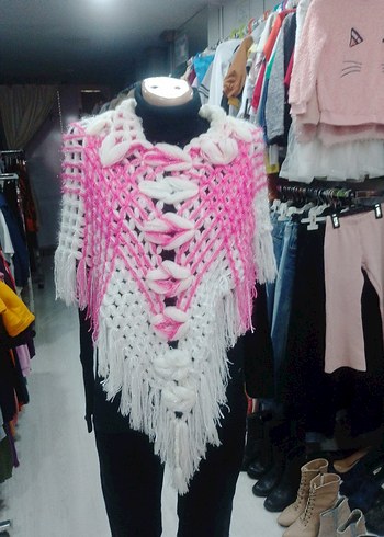 Renkli Pembe Beyaz Örgü Bohem çocuk Şal - Görsel 8