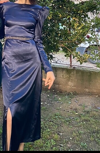 s Beden Lacivert Saten Abiye Elbise