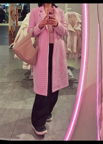 Pembe Ekose Desenli Midi Kadın Kaban - Görsel 2