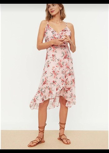 Pembe Çiçekli Volanlı Mini Bohem Elbise - Görsel 4