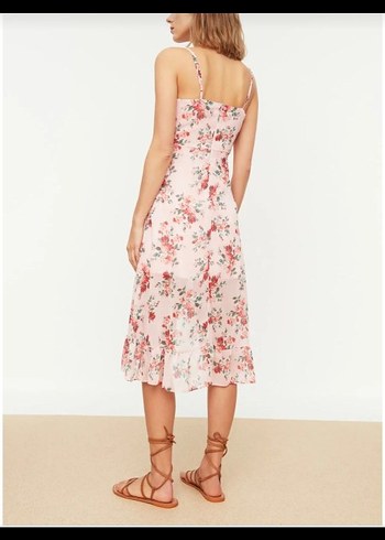 Pembe Çiçekli Volanlı Mini Bohem Elbise - Görsel 3