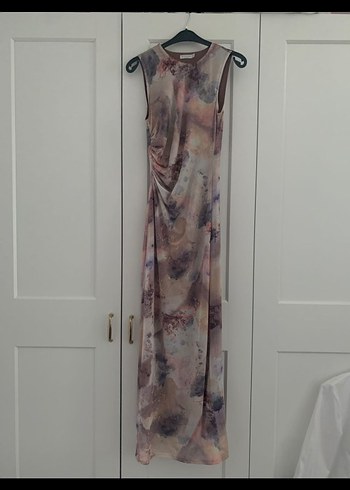 Drapeli Bağlama Desenli Uzun Elbise - Görsel 2