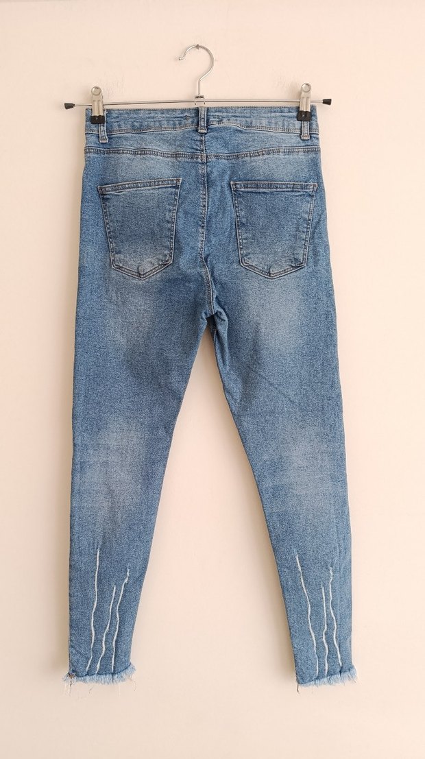 Renkli Mavi Kesik Detaylı Rahat Kesim Kadın Kot Pantolon - Görsel 2