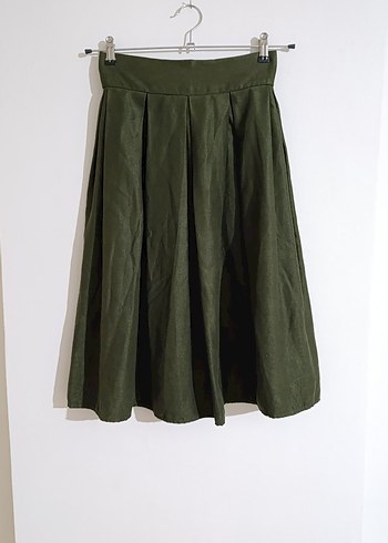 Haki Kadın Midi Boy Pilili Süet Etek - Görsel 2