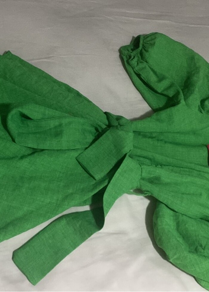 Yeşil keten şort tulum - Görsel 2