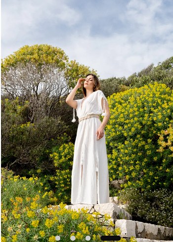 Beyaz Müslin bohem V Yaka Uzun Elbise - Görsel 4