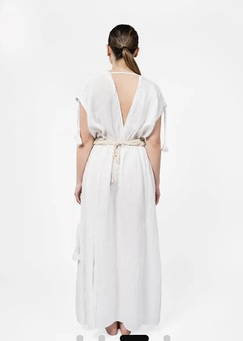 Beyaz Müslin bohem V Yaka Uzun Elbise - Görsel 3
