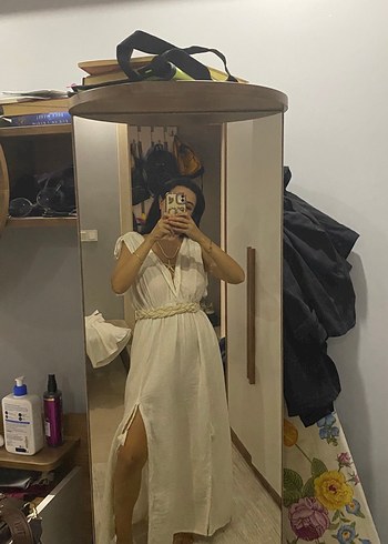 Beyaz Müslin bohem V Yaka Uzun Elbise - Görsel 6