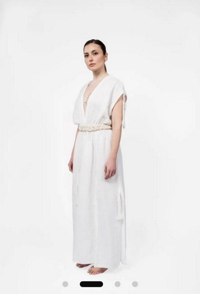 Beyaz Müslin bohem V Yaka Uzun Elbise - Görsel 2