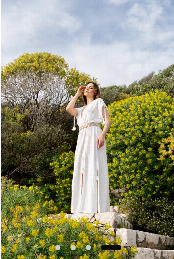 Beyaz Müslin bohem V Yaka Uzun Elbise - Görsel 4