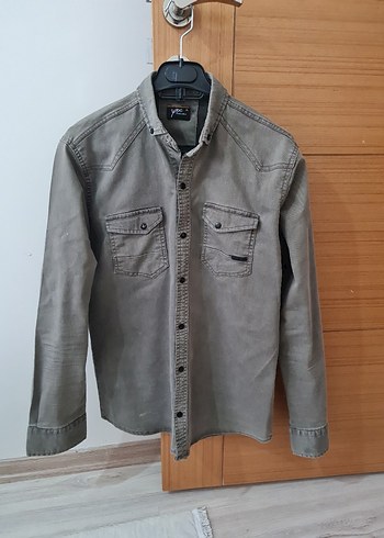 l Beden haki Renk Denim Erkek Gömlek Düğmeli Uzun Kollu