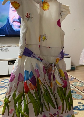 Çiçek Desenli Kız Elbisesi, Kısa Kollu, Pileli - Görsel 3