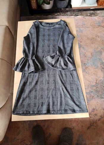 Gri Kısa Kollu Midi ekoseli Elbise - Görsel 4