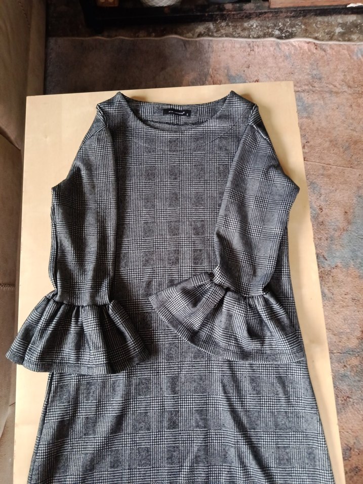 Gri Kısa Kollu Midi ekoseli Elbise - Görsel 3