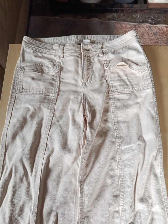 Bej Keten İspanyol paça Uzun Kadın Pantolon - Görsel 2