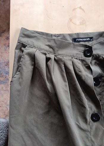 Düğmeli Haki Midi Keten Uzun Etek - Görsel 2