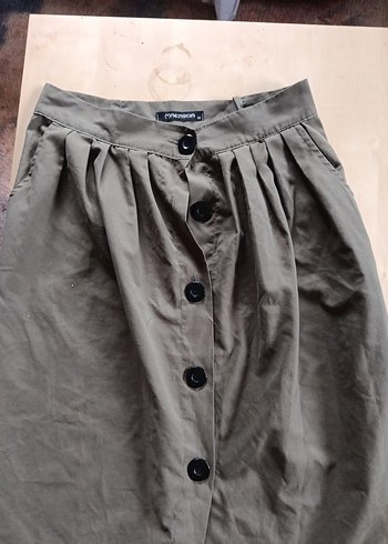 Düğmeli Haki Midi Keten Uzun Etek - Görsel 3