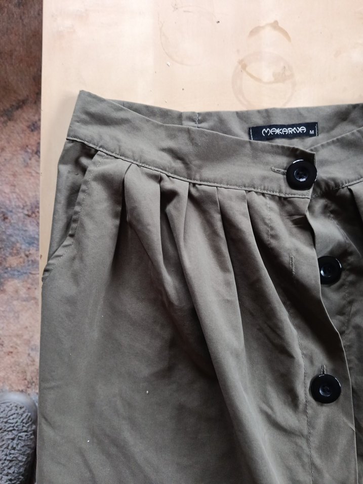 Düğmeli Haki Midi Keten Uzun Etek - Görsel 2