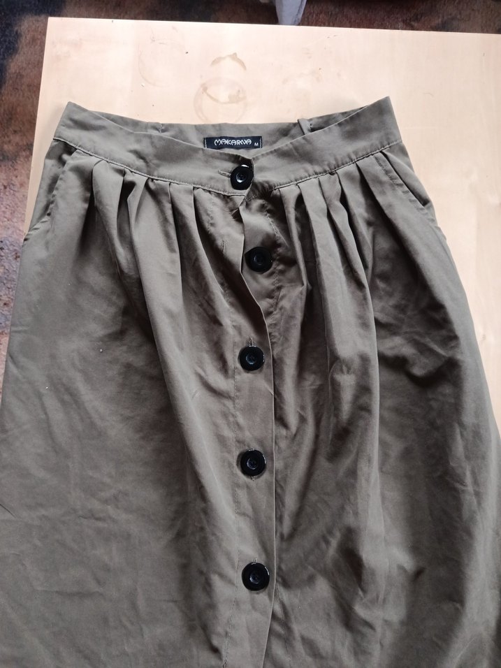 Düğmeli Haki Midi Keten Uzun Etek - Görsel 3