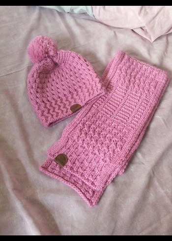 Pembe Örgü Çocuk Bere ve Atkı Seti - Görsel 5