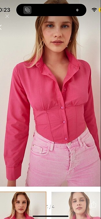 Pembe Manşetli Poplin Crop Gömlek