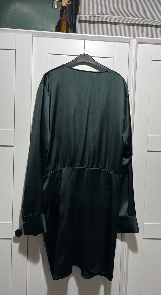 Yeşil V Yaka Midi Drapeli Gece Elbisesi - Görsel 3