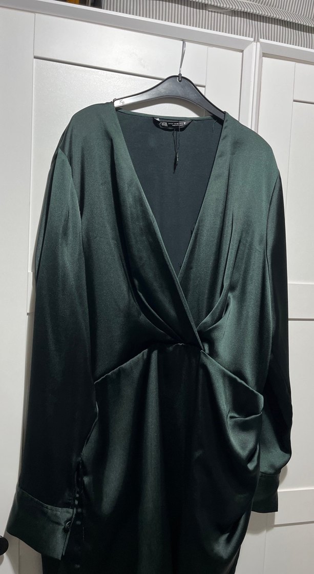 Yeşil V Yaka Midi Drapeli Gece Elbisesi - Görsel 2