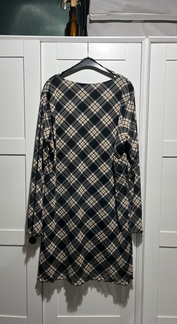 Kahverengi Ekose Desenli Midi Uzun Kollu Elbise - Görsel 2