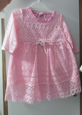 Pembe Dantel İşlemeli Kız Elbise 2 takım