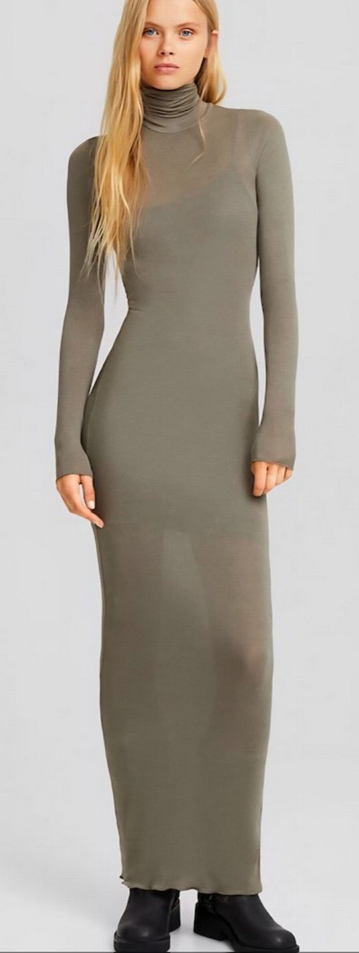 Uzun Kollu Boğazlı İnce Triko Elbise - Görsel 5