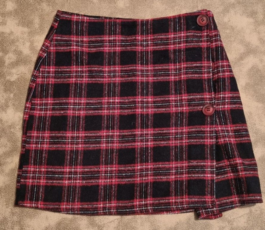 Düğmeli Kırmızı Ekose Mini Etek - Görsel 2