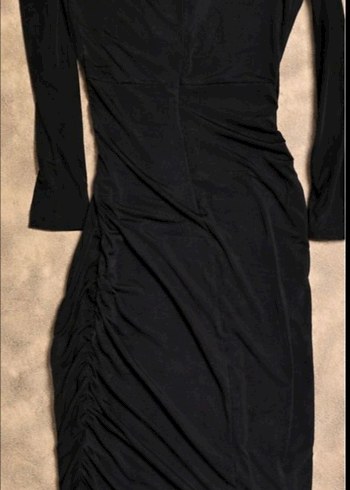 Siyah V Yakalı Beli Kemerli Mini Elbise - Görsel 6