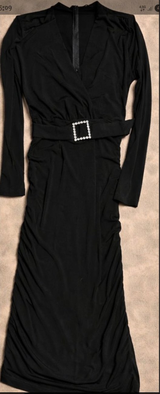 Siyah V Yakalı Beli Kemerli Mini Elbise - Görsel 5