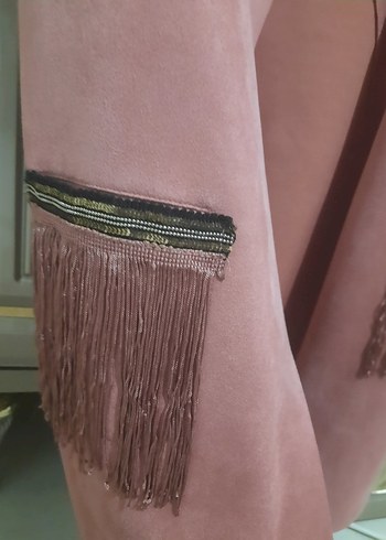 Püsküllü Pembe Süet Uzun Yelek - Görsel 2