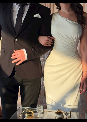 Beyaz Drapeli Midi Abiye Elbise nişan nikah elbise