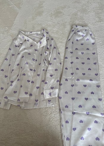 Diğer Mor Kalp Desenli Midi Saten Kadın Pijama Takımı