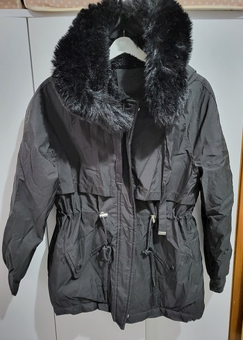 Kadın Siyah Peluş Kürklü Kış Montu - Görsel 5