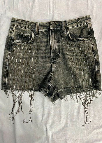 Gri taşlı Kadın Mini Denim Şort