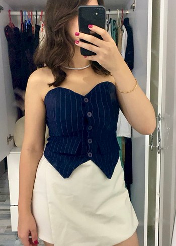 Çizgili Düğmeli Straplez Mini Bustiyer