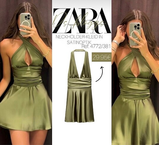 s Beden haki Renk Zara kısa saten elbise