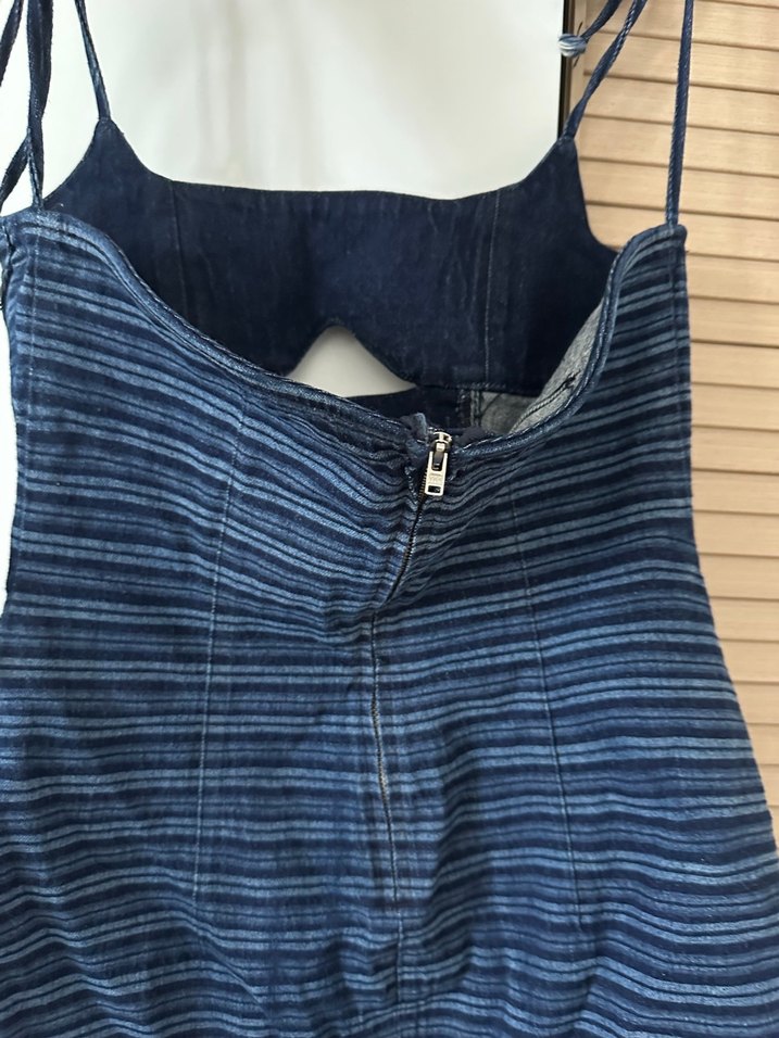 Çizgili Lacivert Midi Kot Elbise - Görsel 4