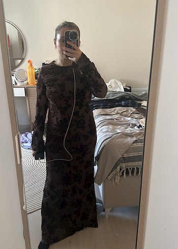 Zara Kadife detaylı Kahverengi Uzun Elbise - Görsel 7