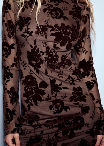 Zara Kadife detaylı Kahverengi Uzun Elbise - Görsel 3