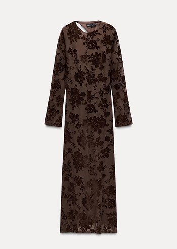 Zara Kadife detaylı Kahverengi Uzun Elbise - Görsel 5