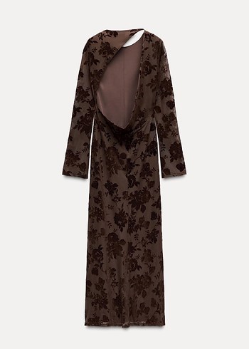 Zara Kadife detaylı Kahverengi Uzun Elbise - Görsel 6