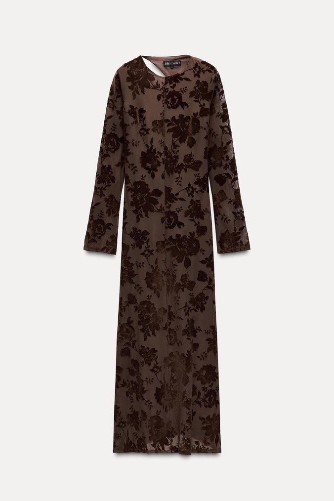 Zara Kadife detaylı Kahverengi Uzun Elbise - Görsel 5