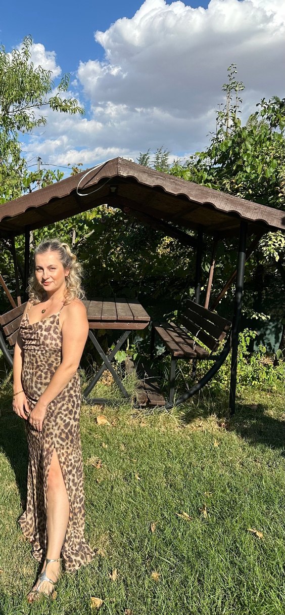 Kahverengi Leopar Desenli Uzun Elbise - Görsel 3