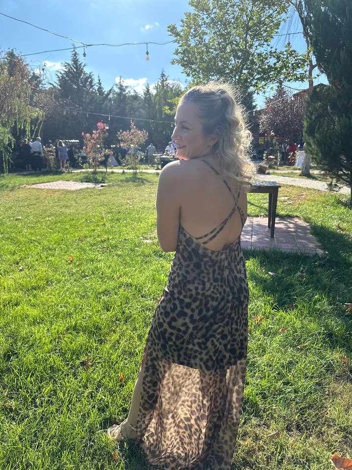 Kahverengi Leopar Desenli Uzun Elbise - Görsel 5