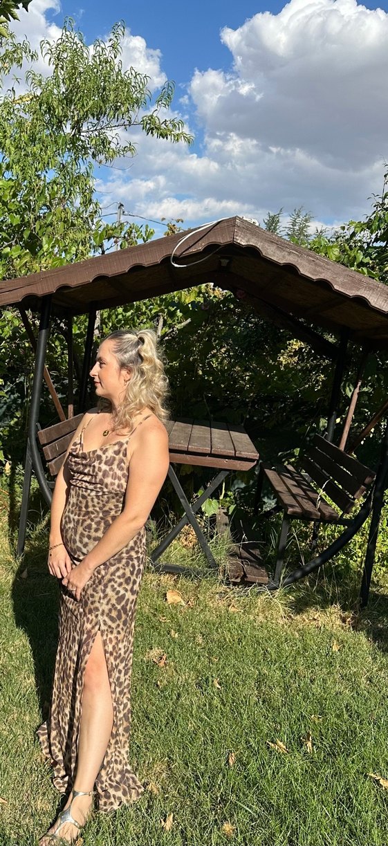 Kahverengi Leopar Desenli Uzun Elbise - Görsel 2